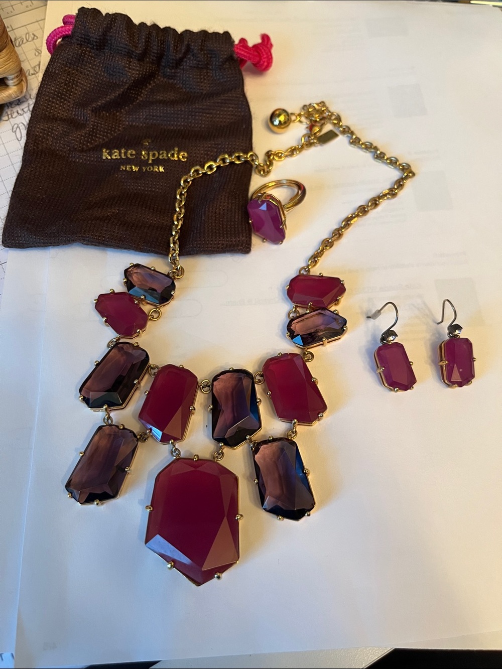 kate spade Gold-Tone Necklace and Earring Set with Fuchsia and Amethyst Stones